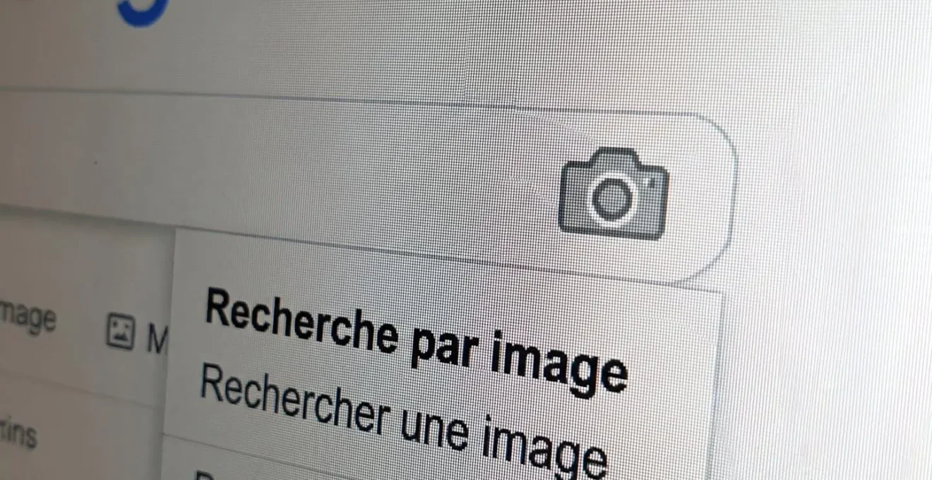 Gros plan sur l'écran d'ordinateur montrant l'icône de caméra de Google Images pour la recherche inversée dans la barre de recherche