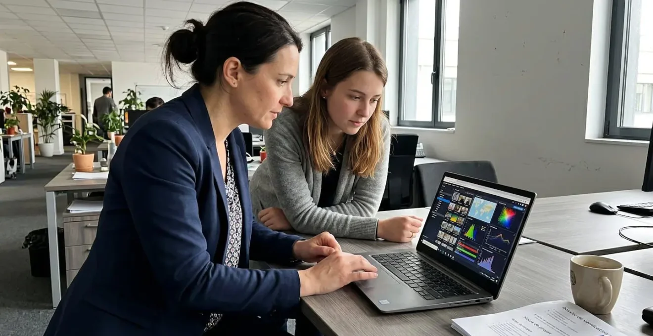Deux journalistes en discussion devant un écran d'ordinateur affichant des résultats de recherche d'image, vus de profil dans un open space lumineux