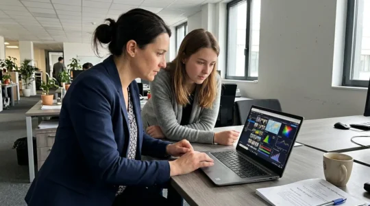 Deux journalistes en discussion devant un écran d'ordinateur affichant des résultats de recherche d'image, vus de profil dans un open space lumineux