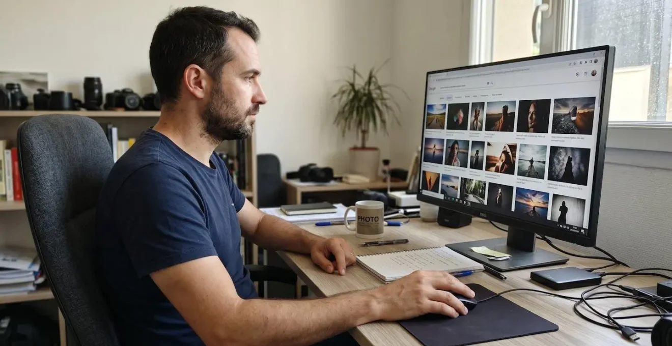 Photographe professionnel consultant des résultats de recherche d'images sur grand écran d'ordinateur, concentré sur l'écran dans son studio