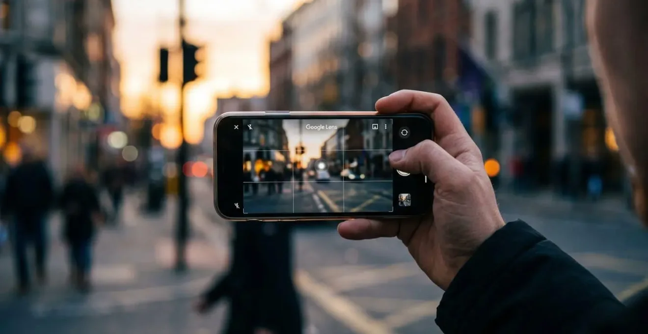 Smartphone affichant Google Lens prêt à analyser un objet en arrière-plan.