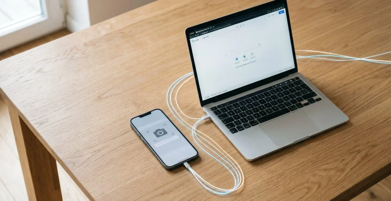 Smartphone et ordinateur connectés pour une recherche d'image inversée sur une table en bois.